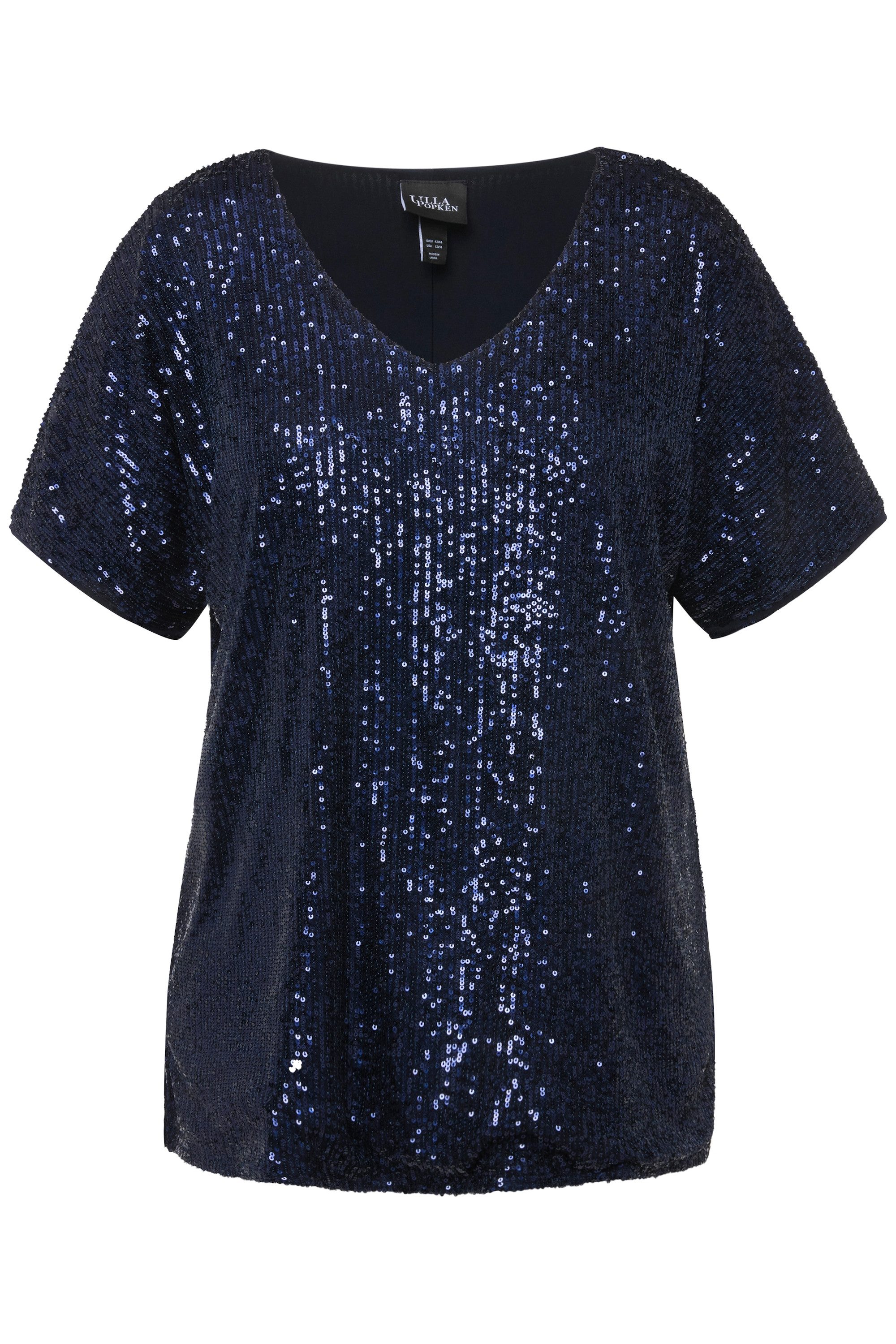 Ulla Popken T-Shirt Pailletten-Shirt Oversized V-Ausschnitt günstig online kaufen
