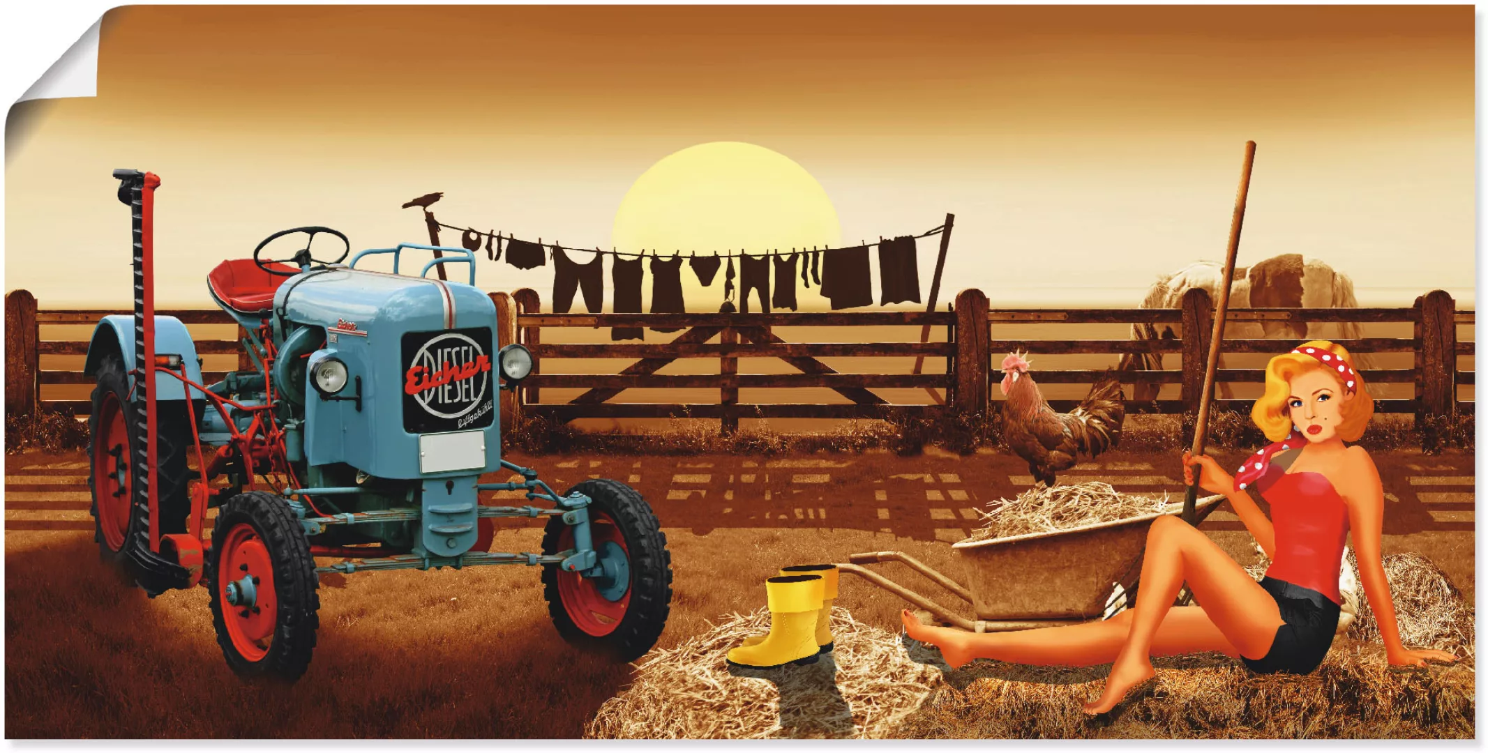 Artland Poster »Pin Up Girl mit Traktor auf Bauernhof«, Traktoren, (1 St.) günstig online kaufen