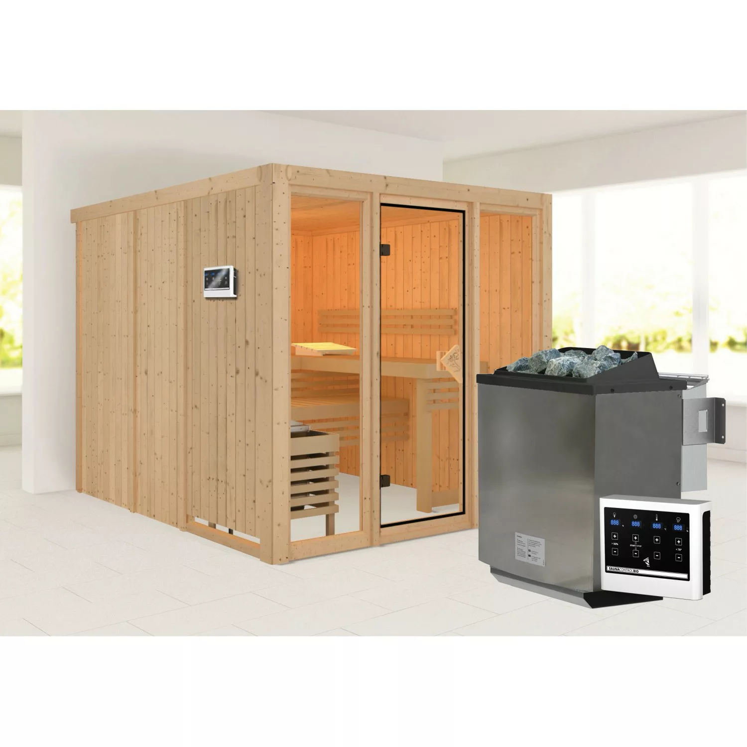 Karibu Sauna Svava Glasfront Set Natur mit Ofen 9 kW Bio ext. Strg. günstig online kaufen