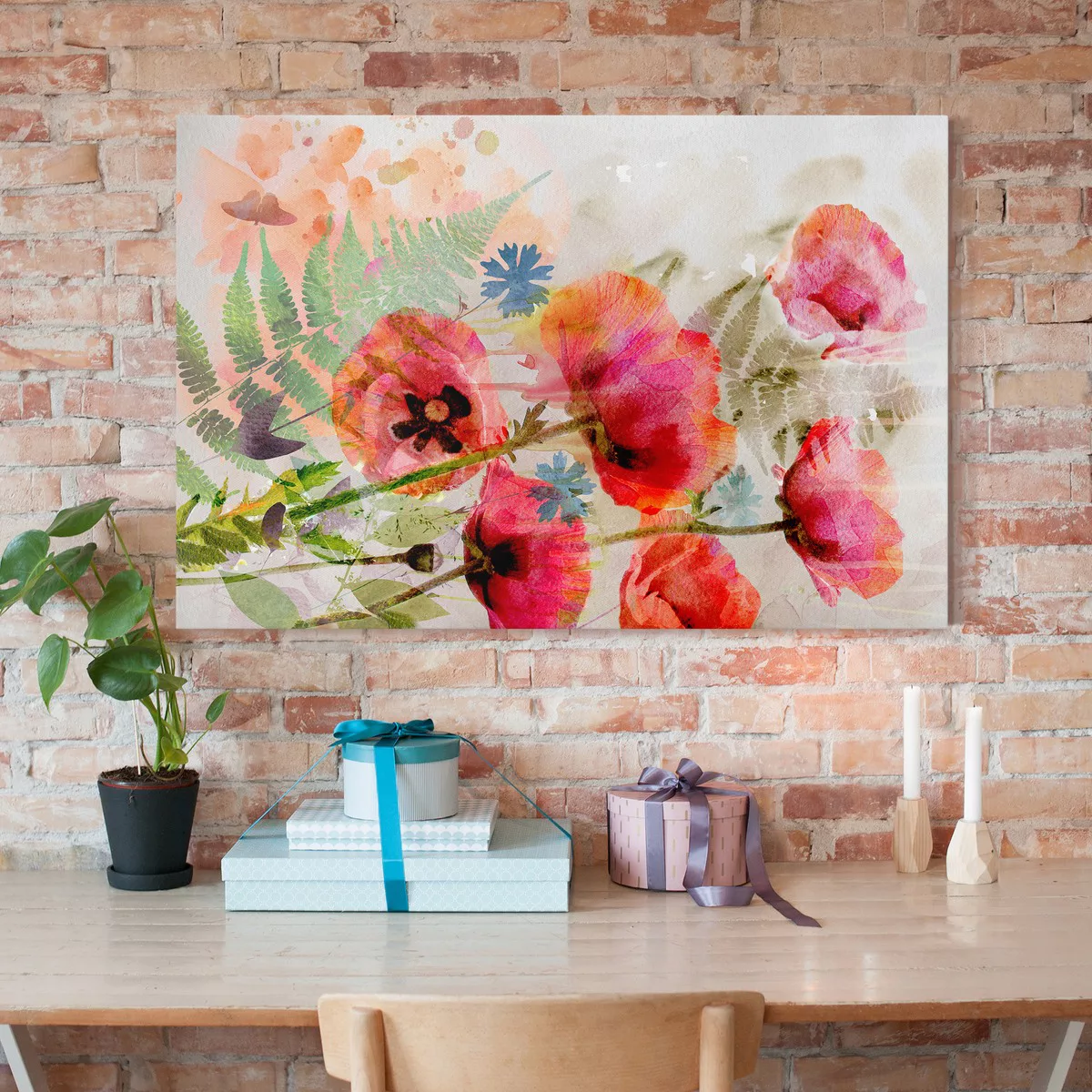 Leinwandbild Blumen - Querformat Aquarell Blumen Mohn günstig online kaufen
