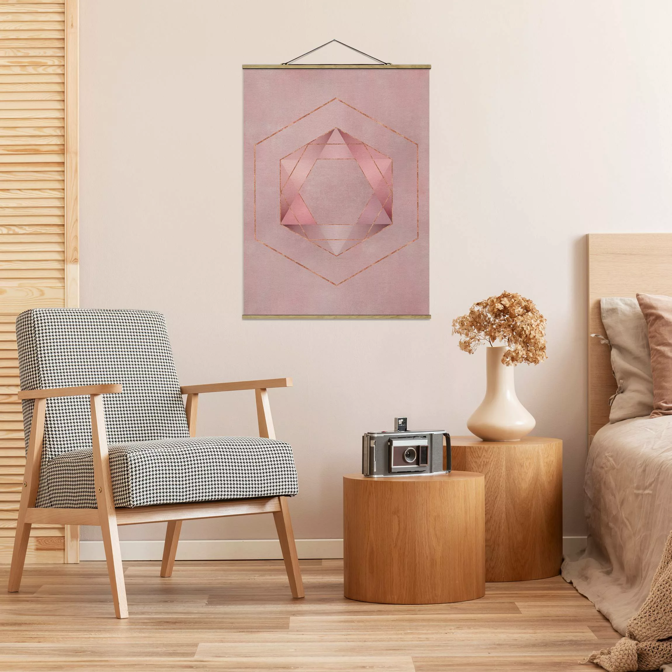 Stoffbild Abstrakt mit Posterleisten - Hochformat Geometrie in Rosa und Gol günstig online kaufen