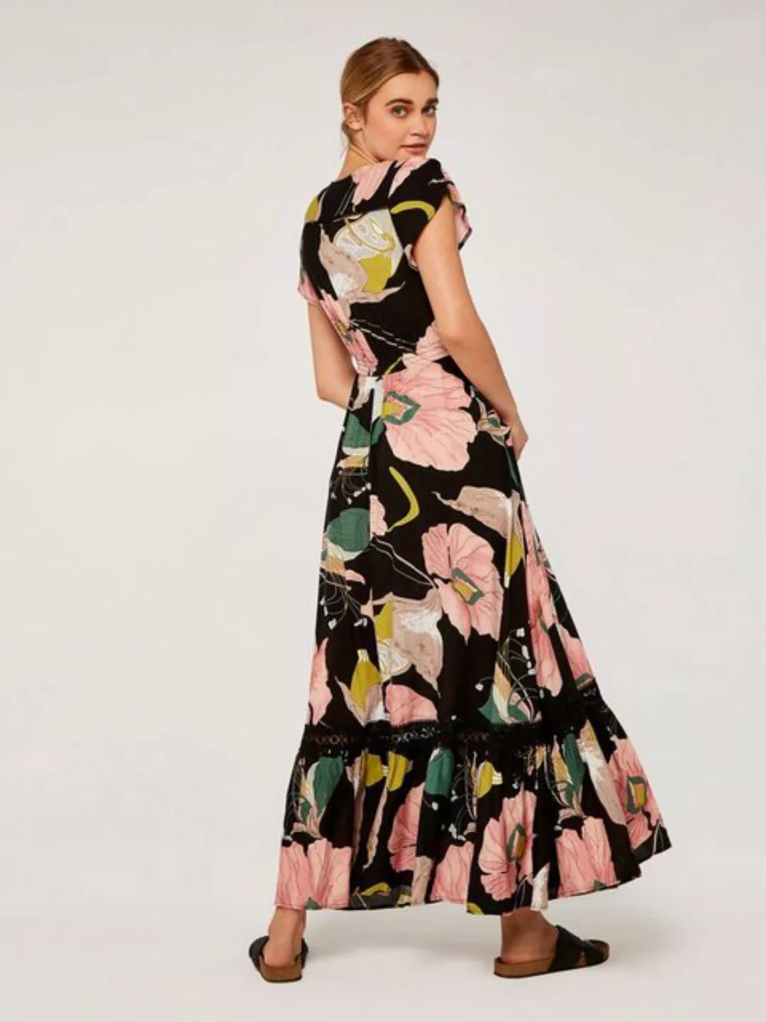 Apricot Sommerkleid geblümt, Rüschen günstig online kaufen