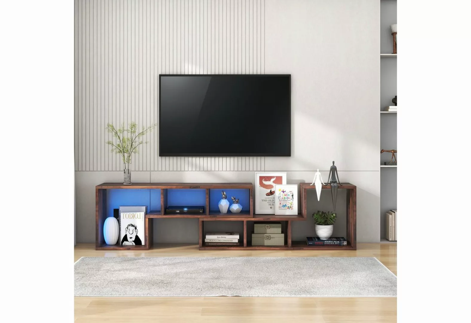 Odikalo TV-Schrank Holzgeflecht-Splice-Sideboard 6 Offene Staufächer 16 LED günstig online kaufen