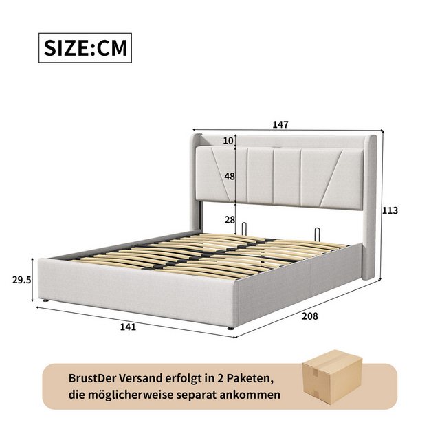 FUROKOY Stauraumbett Polsterbett Doppelbett mit USB/Typ-C Ladeanschluss (Be günstig online kaufen