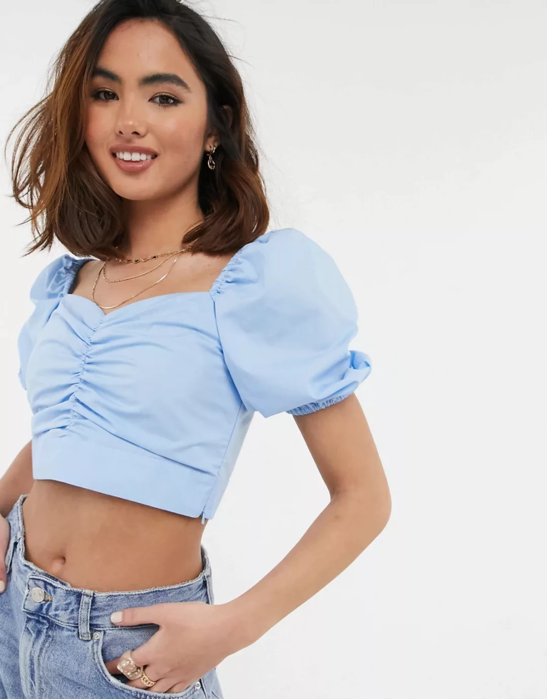 Miss Selfridge – Blaue Bluse aus Popeline mit Puffärmeln günstig online kaufen
