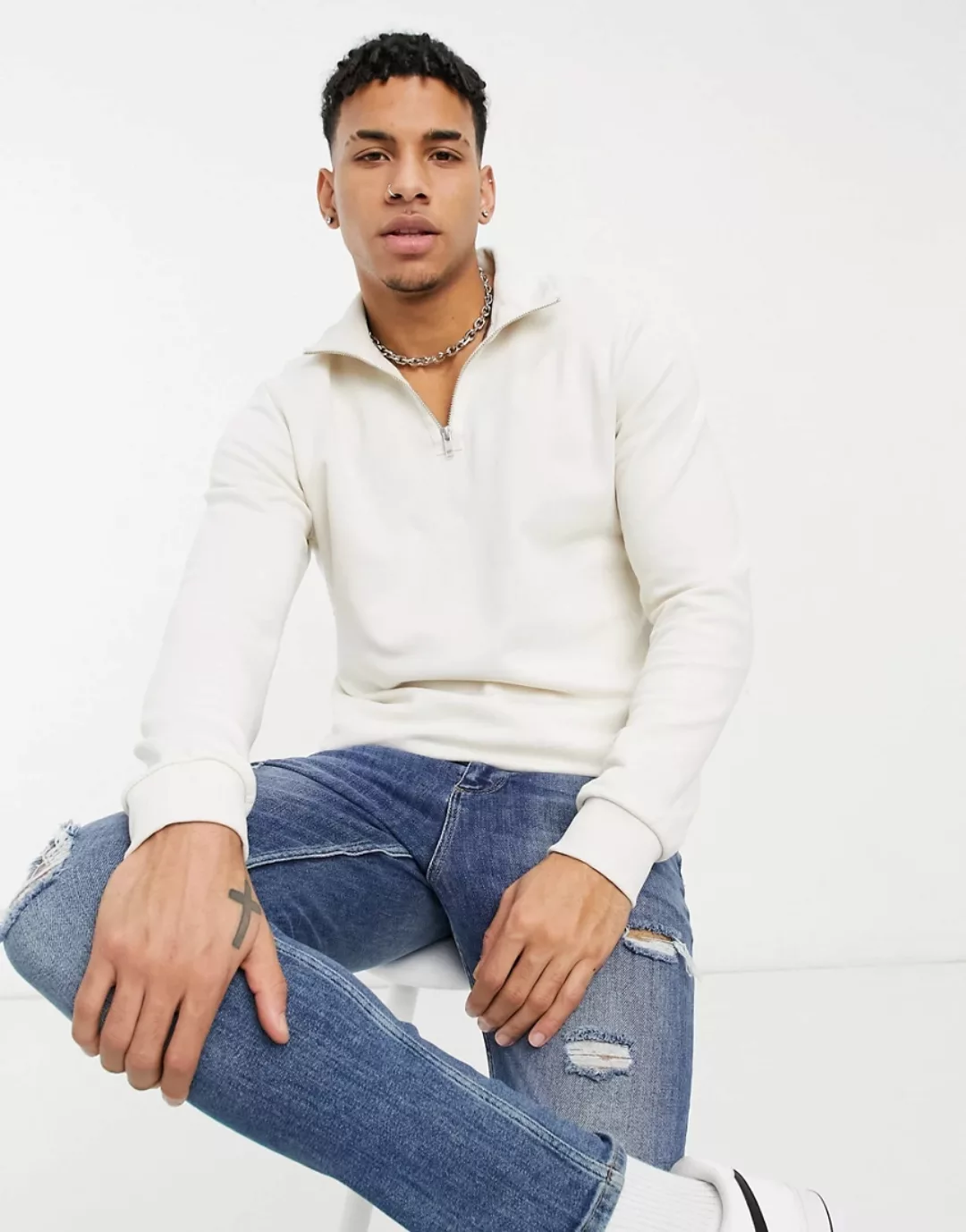 Jack & Jones Premium – Sweatshirt mit viertellangem Reißverschluss in Weiß günstig online kaufen