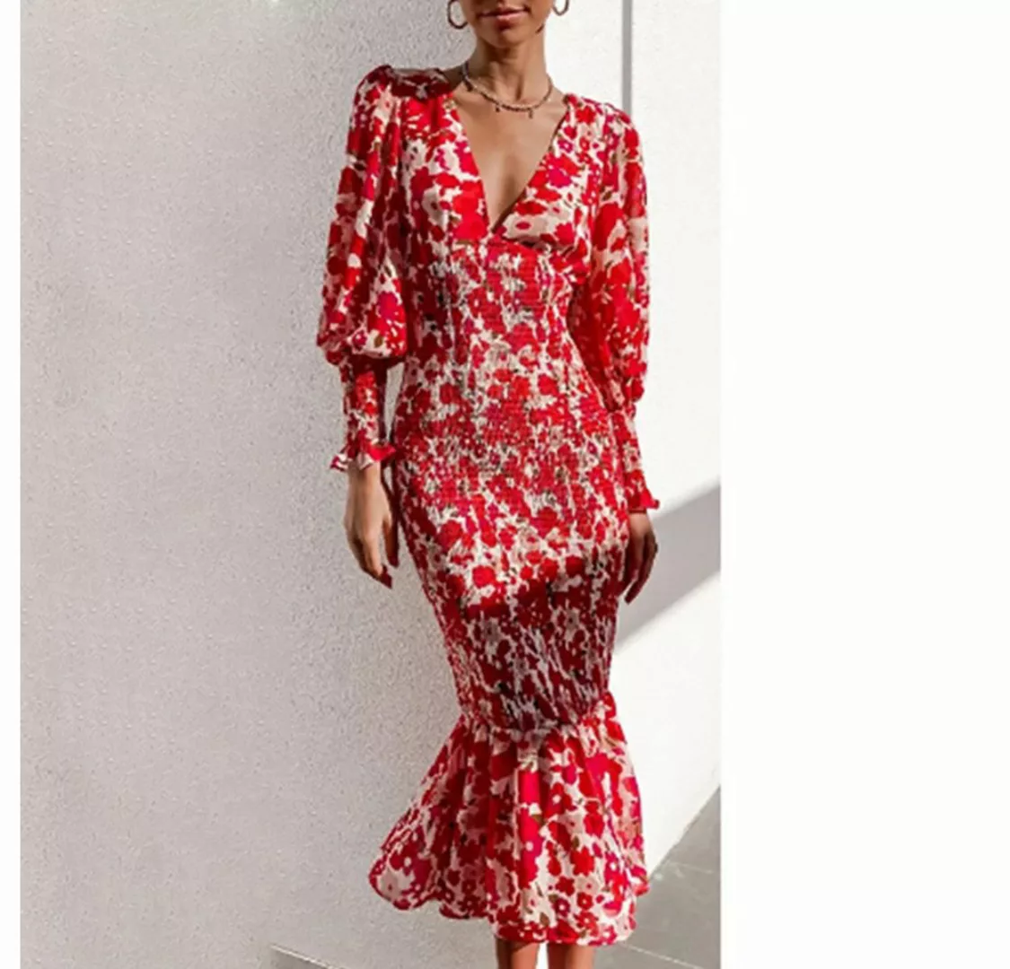 BlauWave Midikleid Lässiges bedrucktes Kleid mit schmalem V-Ausschnitt (1-t günstig online kaufen