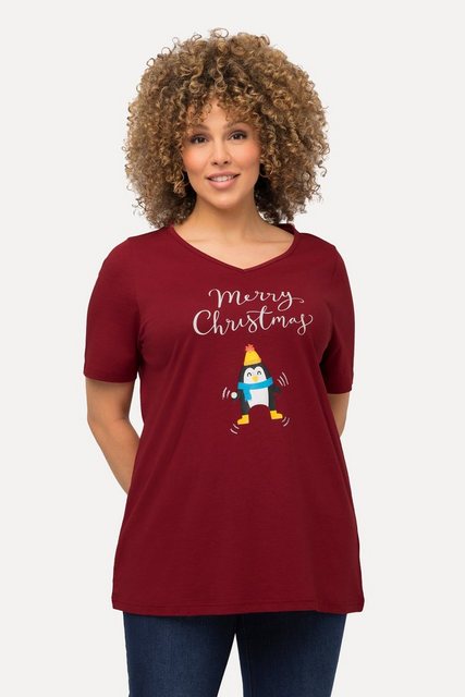 Ulla Popken T-Shirt Weihnachts-Shirt Pinguin A-Linie V-Ausschnitt günstig online kaufen