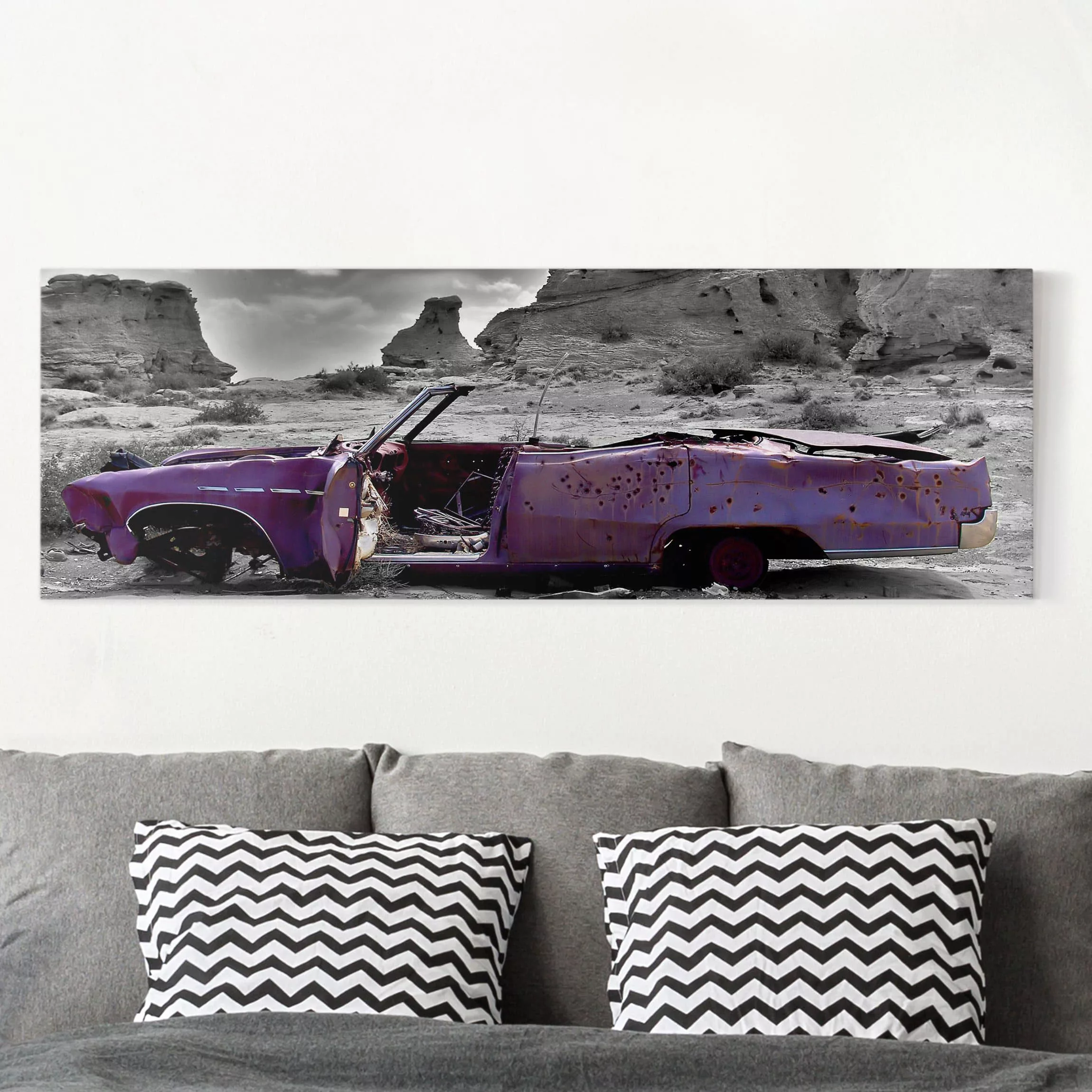 Leinwandbild Schwarz-Weiß - Panorama Pink Cadillac günstig online kaufen