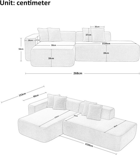 MODFU Ecksofa 3-Sitzer Sofa, Sofa, Schlafsofa, L-förmiges Sofa aus Sherpa-S günstig online kaufen