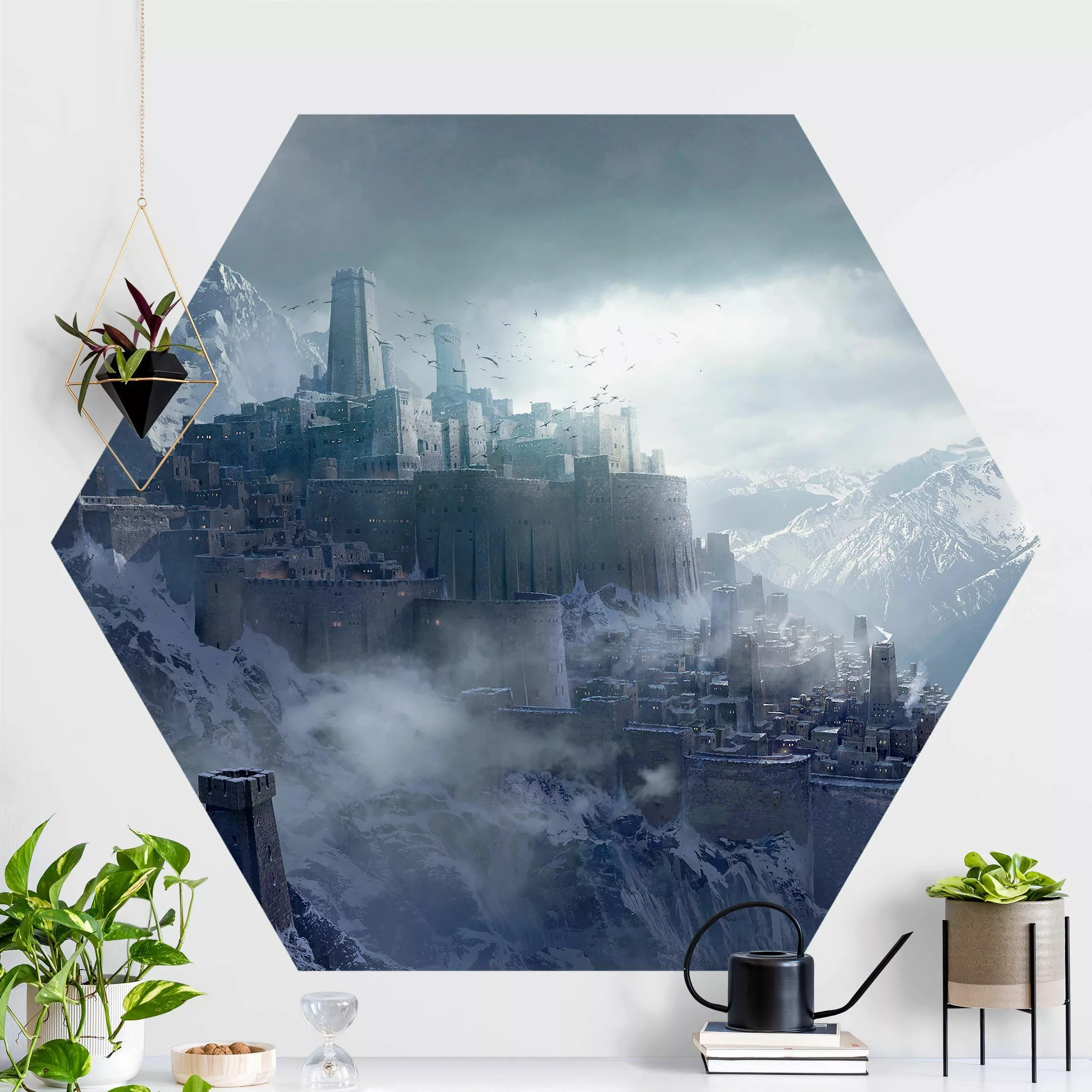 Hexagon Mustertapete selbstklebend Phantastische Festung in den Bergen günstig online kaufen