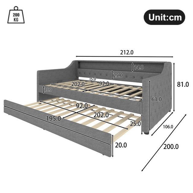 Flieks Daybett, LED Polsterbett Tagesbett 90x200cm mit Ausziehbett, USB-Lad günstig online kaufen