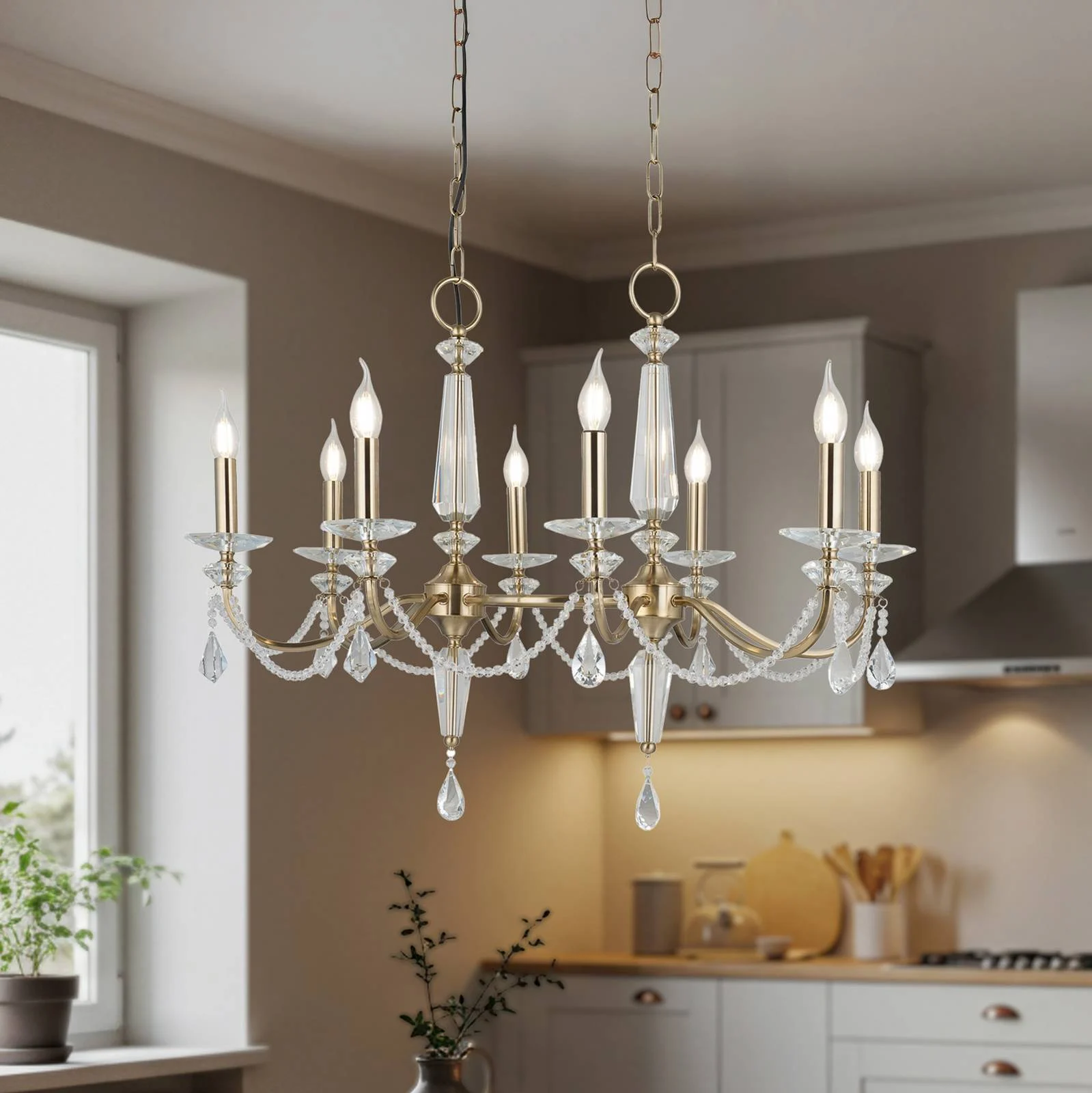 Kronleuchter Adone, linear, 8-flammig, messing, Kristallglas günstig online kaufen