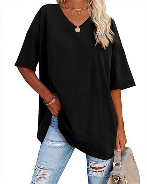 Wrathquake T-Shirt Damen Oversize T Shirt mit V-Ausschnitt(Schwarz) Kurzärm günstig online kaufen