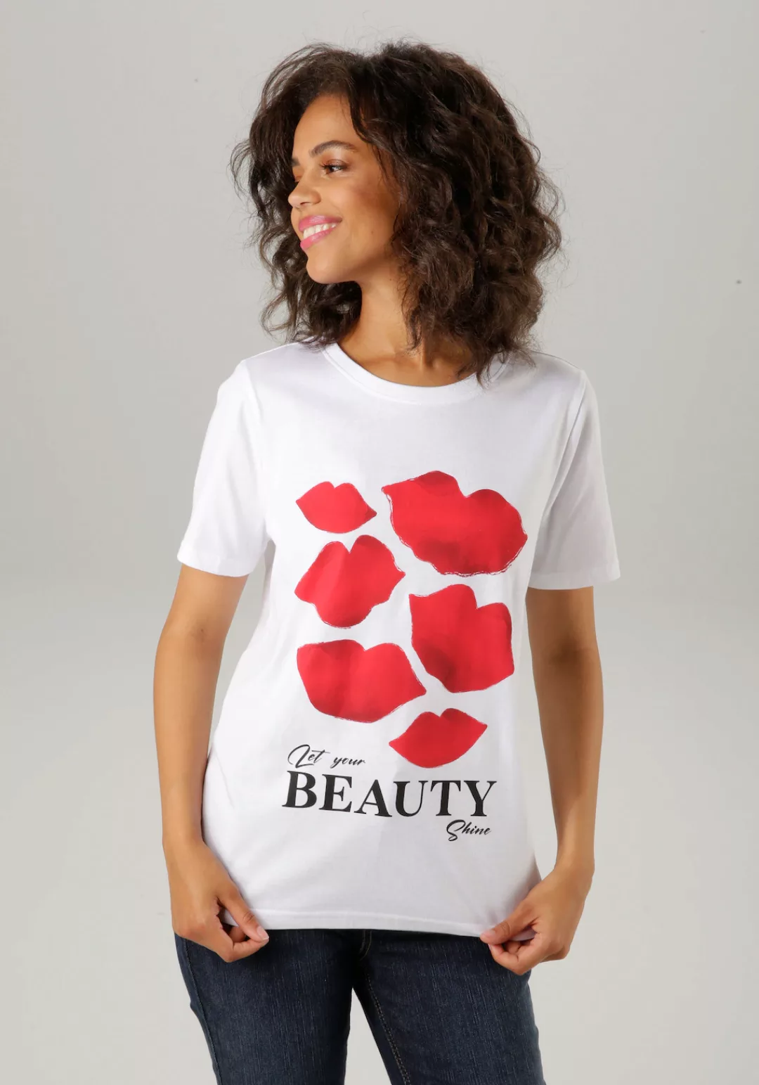 Aniston CASUAL T-Shirt, mit originellen Kussmündern und Schriftzug bedruckt günstig online kaufen
