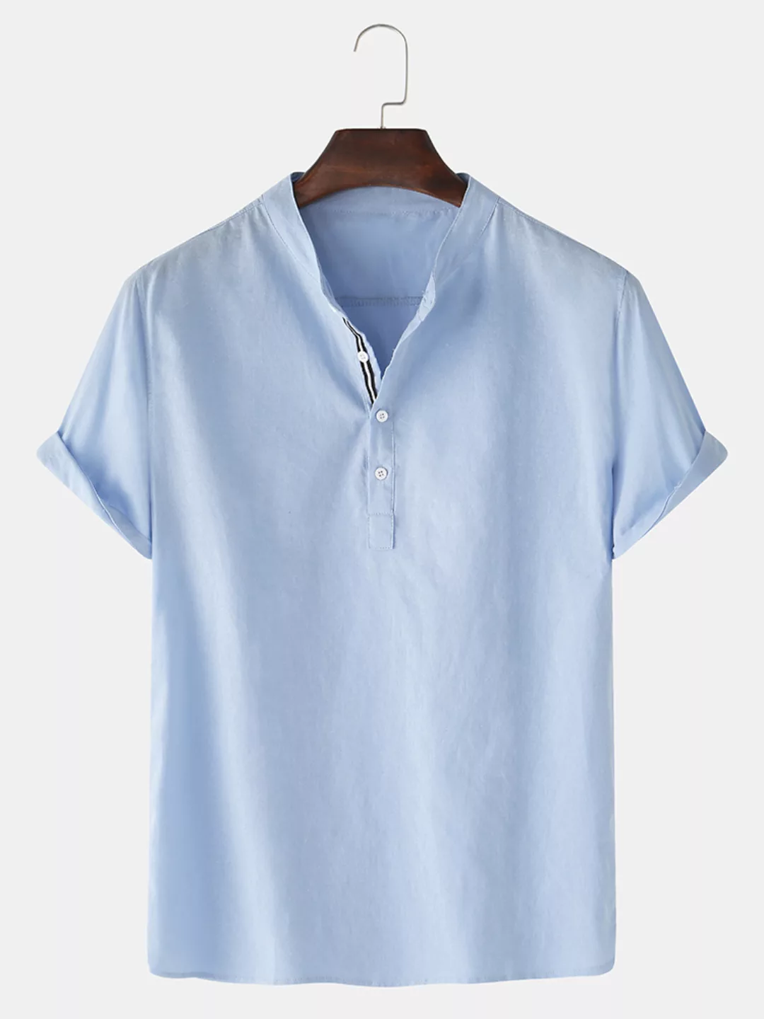 Herren einfarbig Baumwolle Leinen Stehkragen Casual Kurzarm Henley Shirts günstig online kaufen