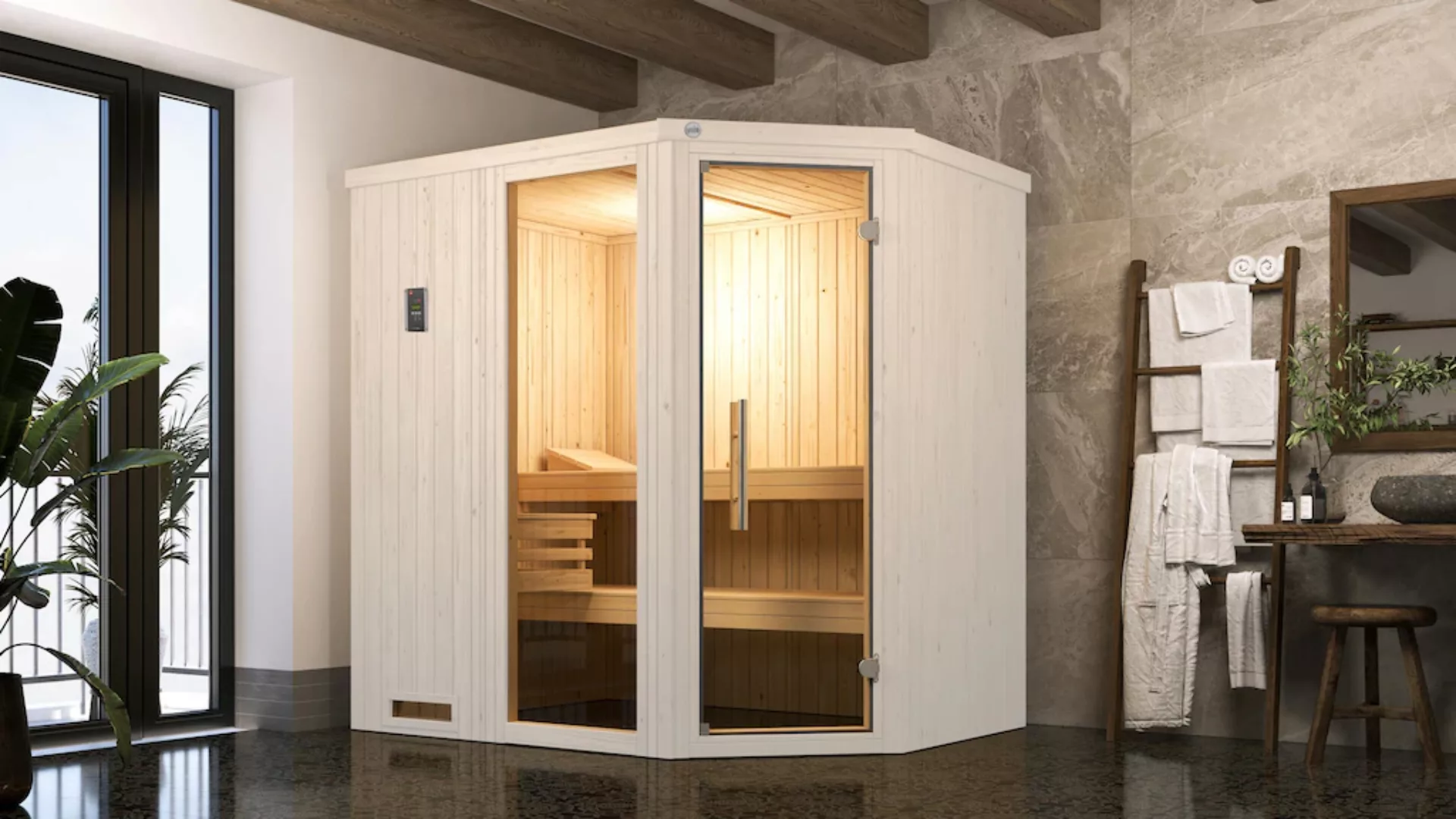 Weka Elementsauna Varberg Trend 1 Weiß Sparset 7,5 kW BioS Glastür/Fenster günstig online kaufen