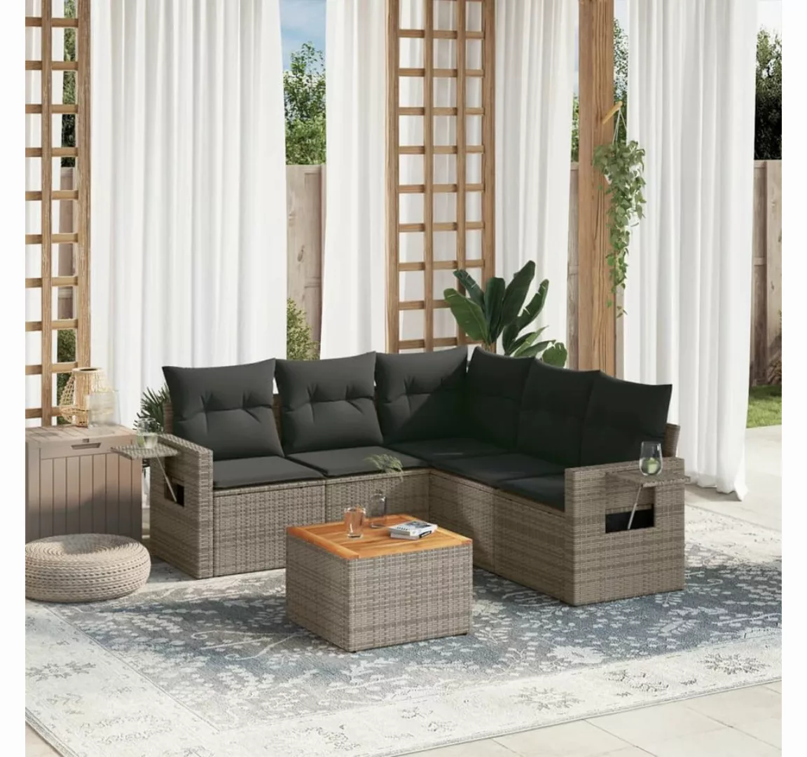 vidaXL Loungesofa 6-tlg. Garten-Sofagarnitur mit Kissen Grau Poly Rattan günstig online kaufen