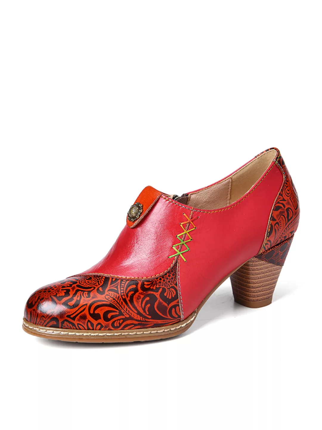 SOCOFY Retro Leder Perlen Blume Geprägte Nähte Reißverschluss Mid Heel Pump günstig online kaufen