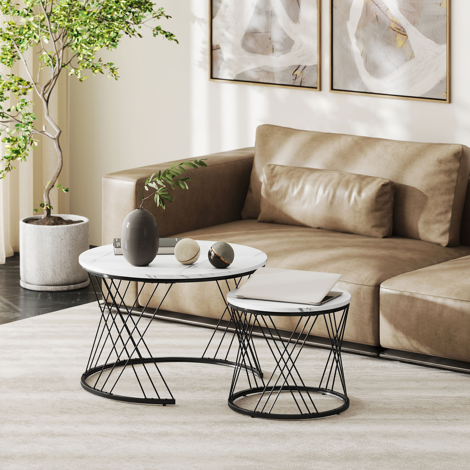 HOMCOM Couchtisch rund 2er Set Beistelltisch mit Marmoroptik, Satztisch Woh günstig online kaufen
