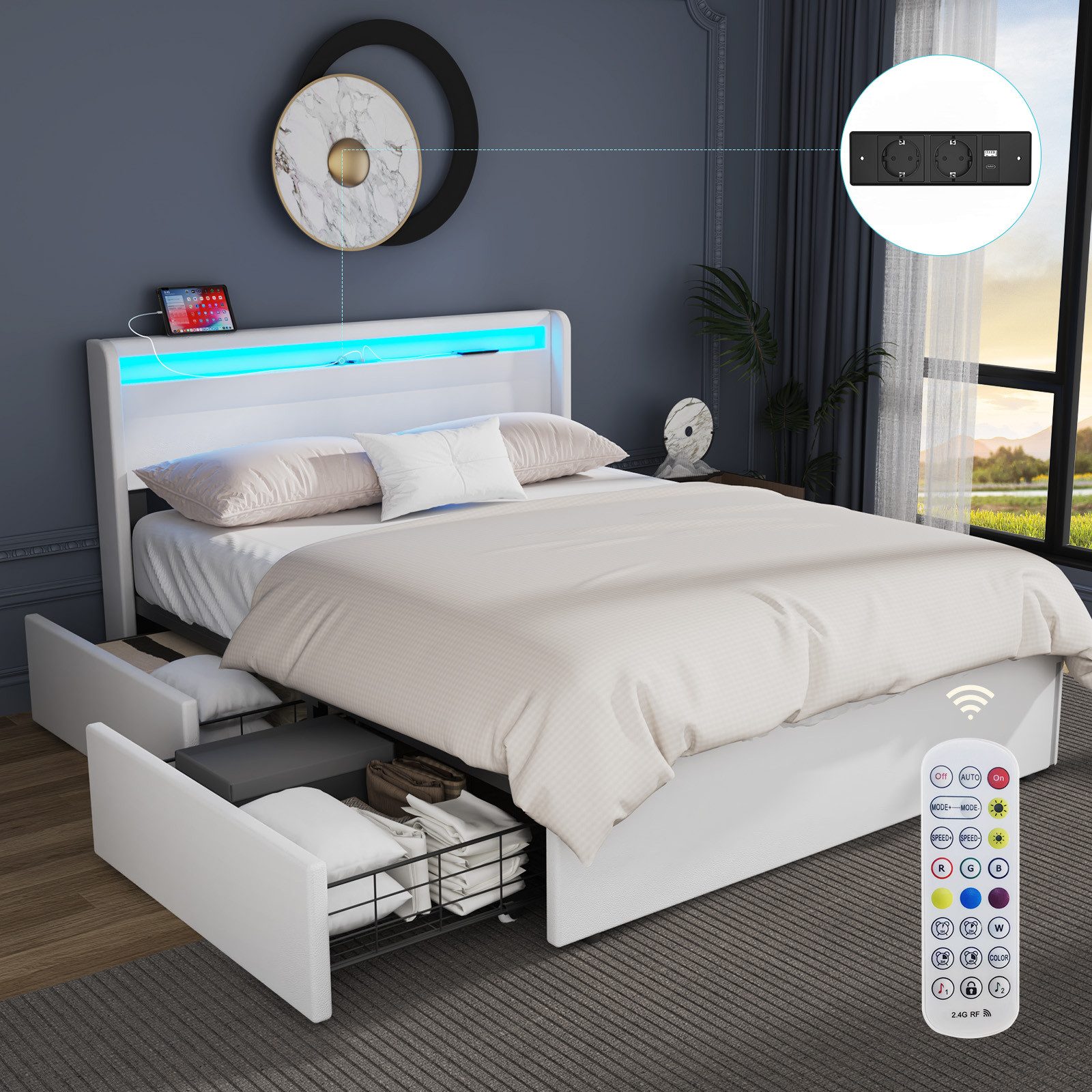 oyajia Polsterbett LED Doppelbett 140x200 cm günstig online kaufen