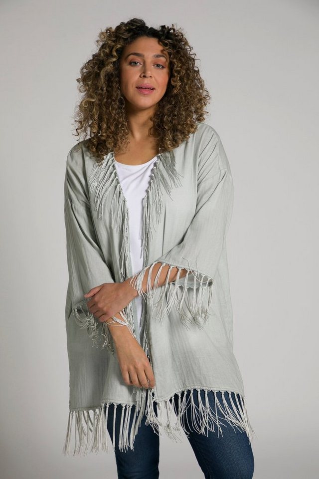 Ulla Popken Longbluse Blusen-Kimono Fransen Oversized 3/4-Arm günstig online kaufen