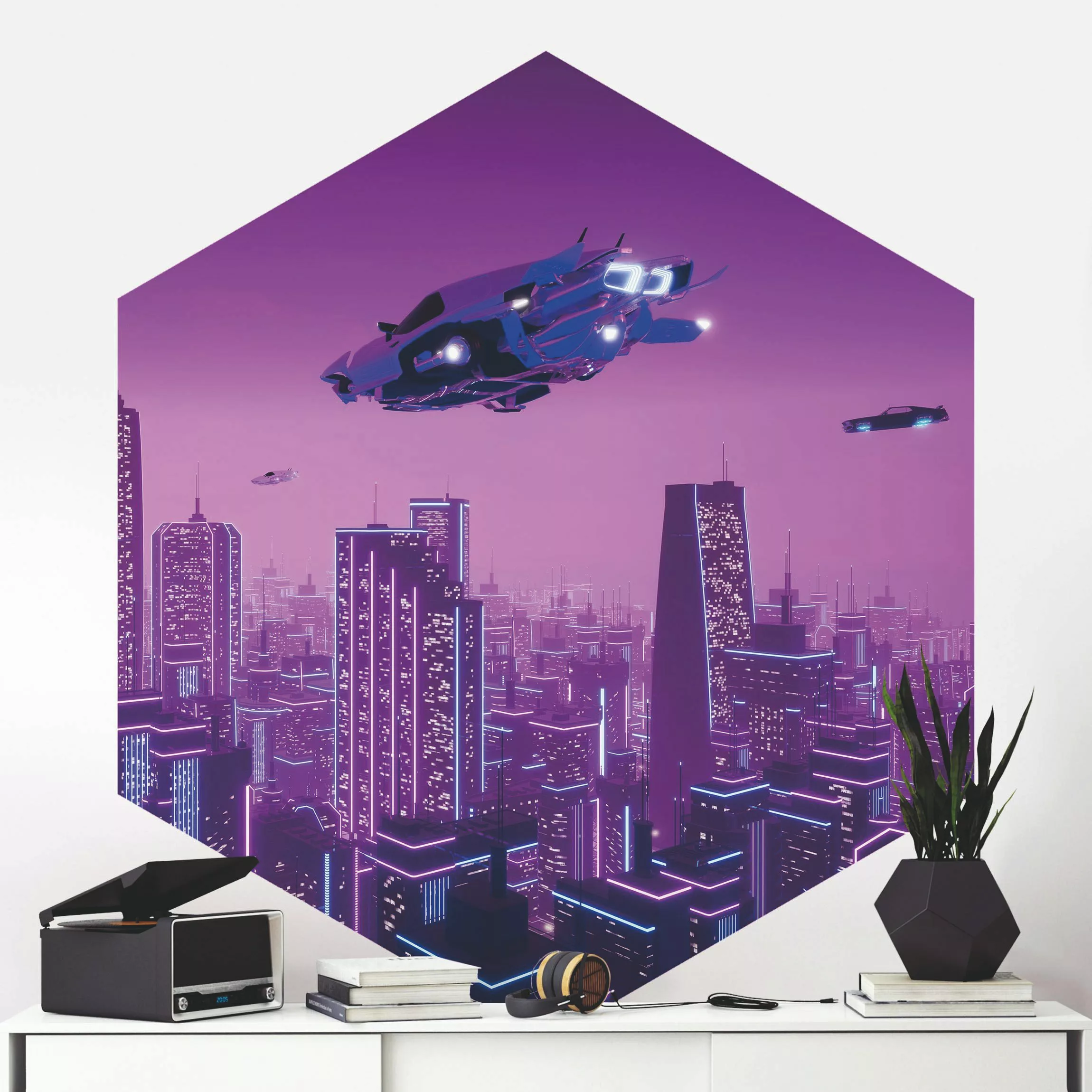 Hexagon Mustertapete selbstklebend Stadt im Neonlicht mit Raumschiffen günstig online kaufen