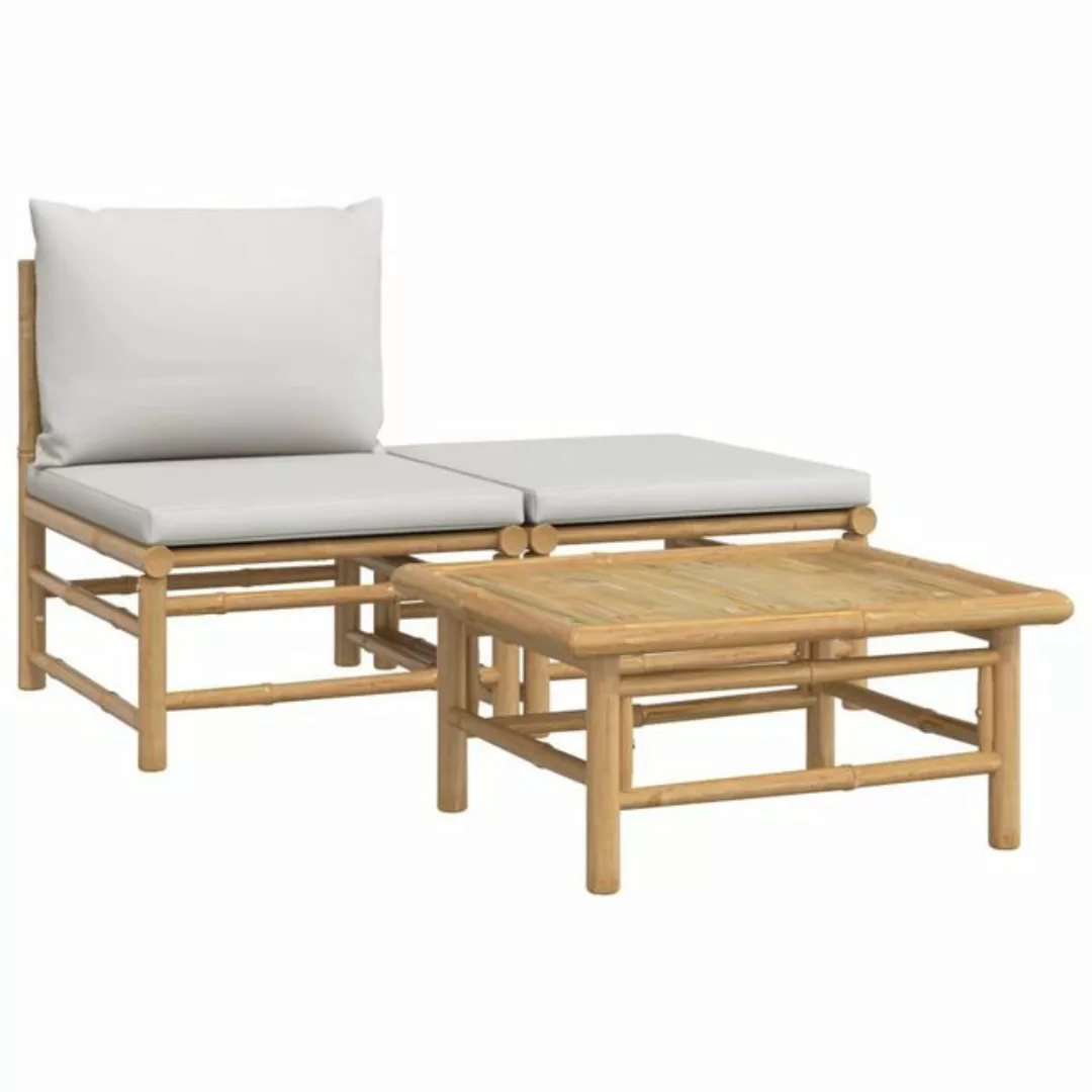 vidaXL Loungesofa 3-tlg. Garten-Lounge-Set mit Hellgrauen Kissen Bambus, 1 günstig online kaufen