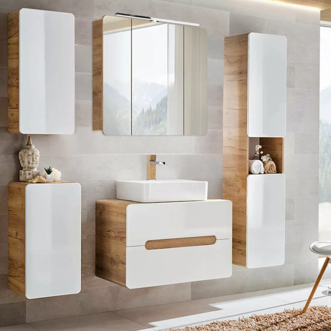 Lomadox Badmöbel Set mit 80cm Waschtisch & LED-Spiegelschrank LUTON-56 Hoch günstig online kaufen