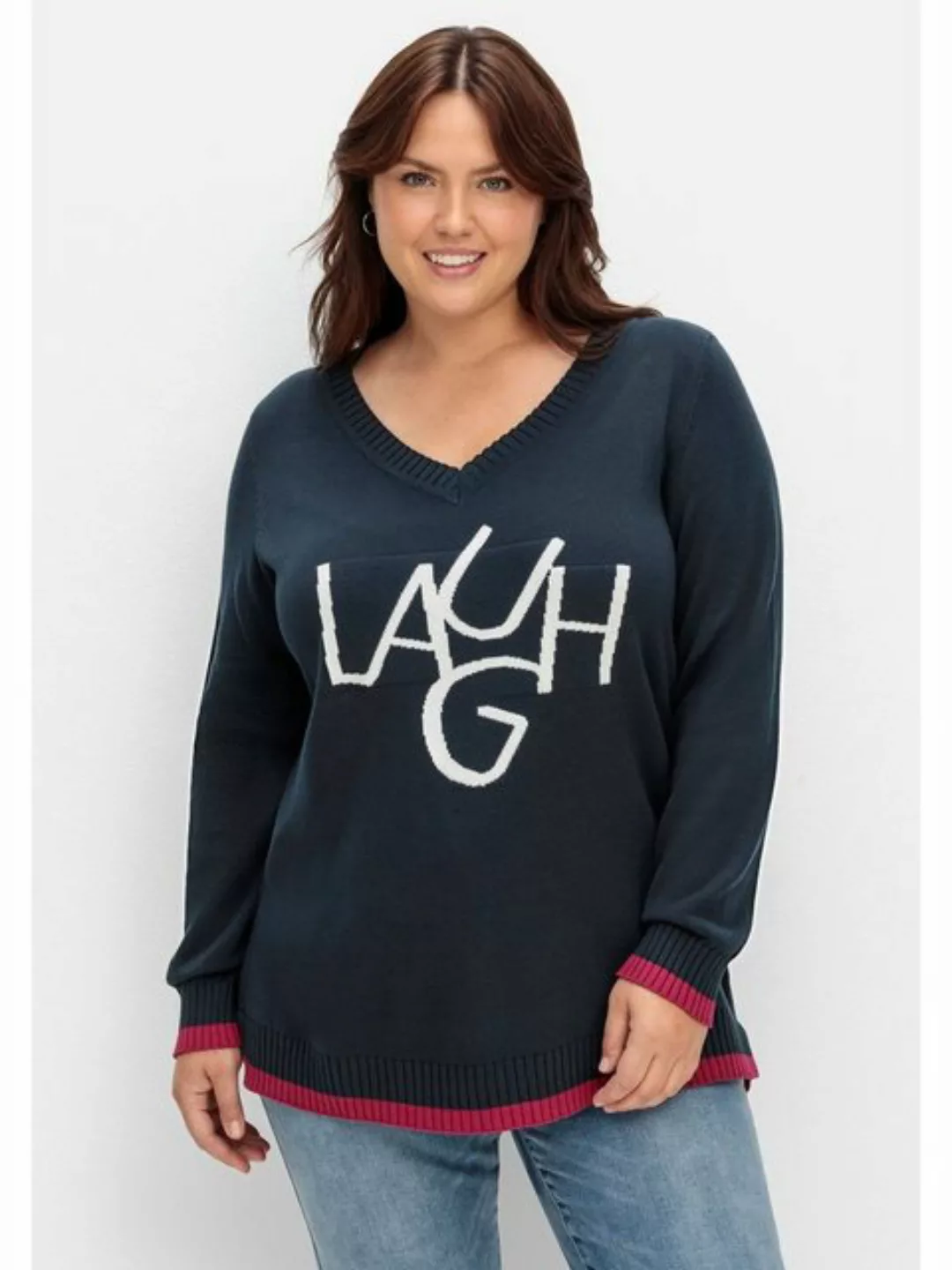 Sheego V-Ausschnitt-Pullover Große Größen mit Intarsien-Wording günstig online kaufen