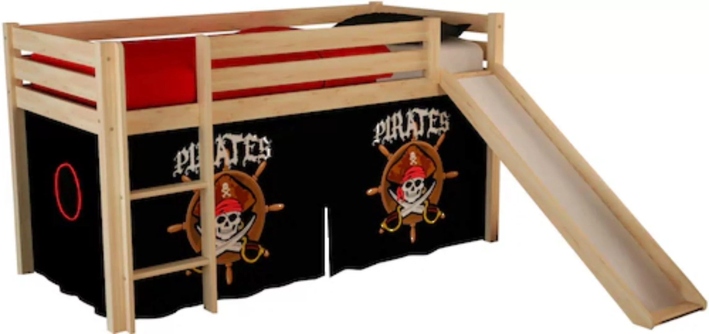 Hochbett Kinderzimmer incl. Rutsche PINOO-12 mit Textilset Pirates in Kiefe günstig online kaufen