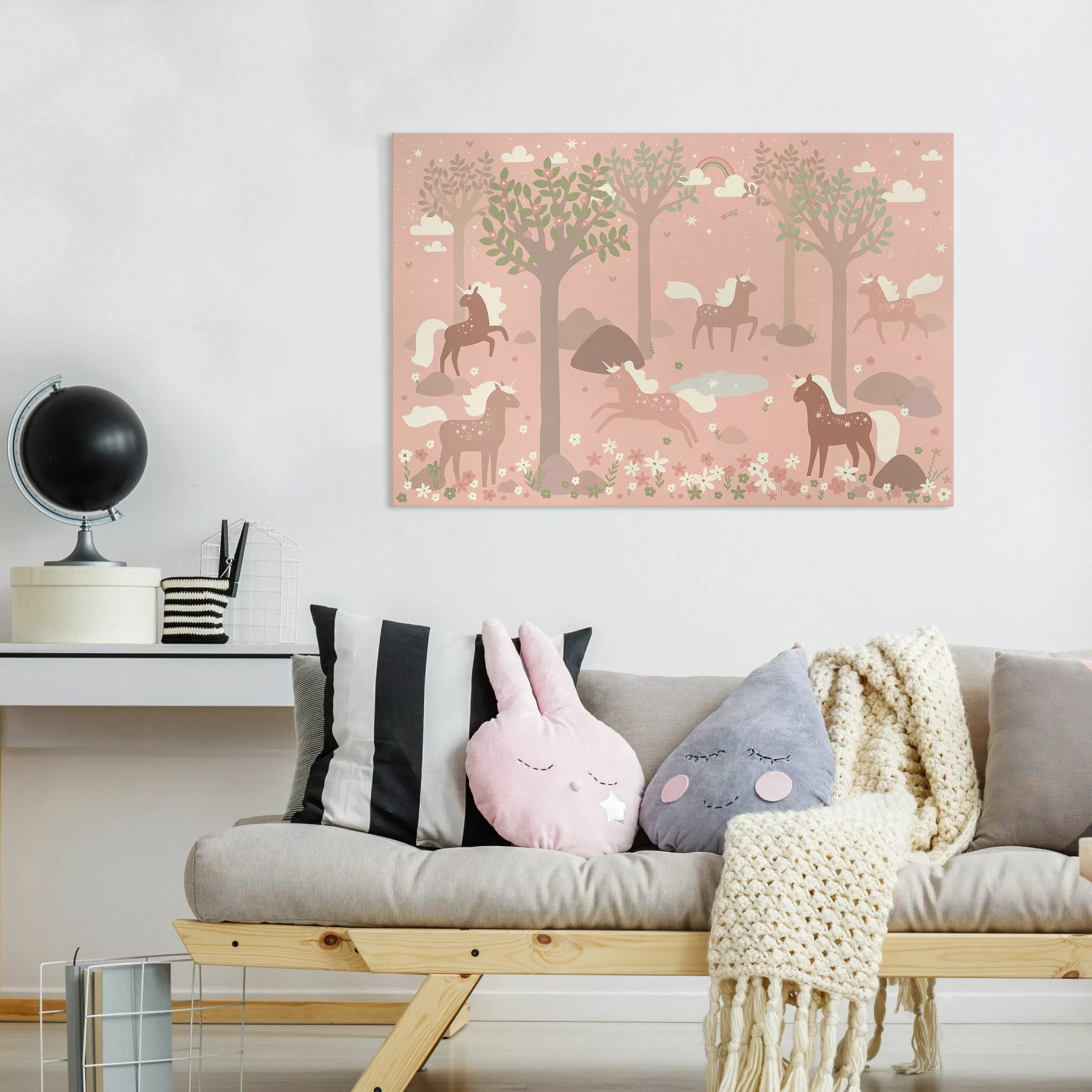 Leinwandbild Einhörner im rosa Wald günstig online kaufen