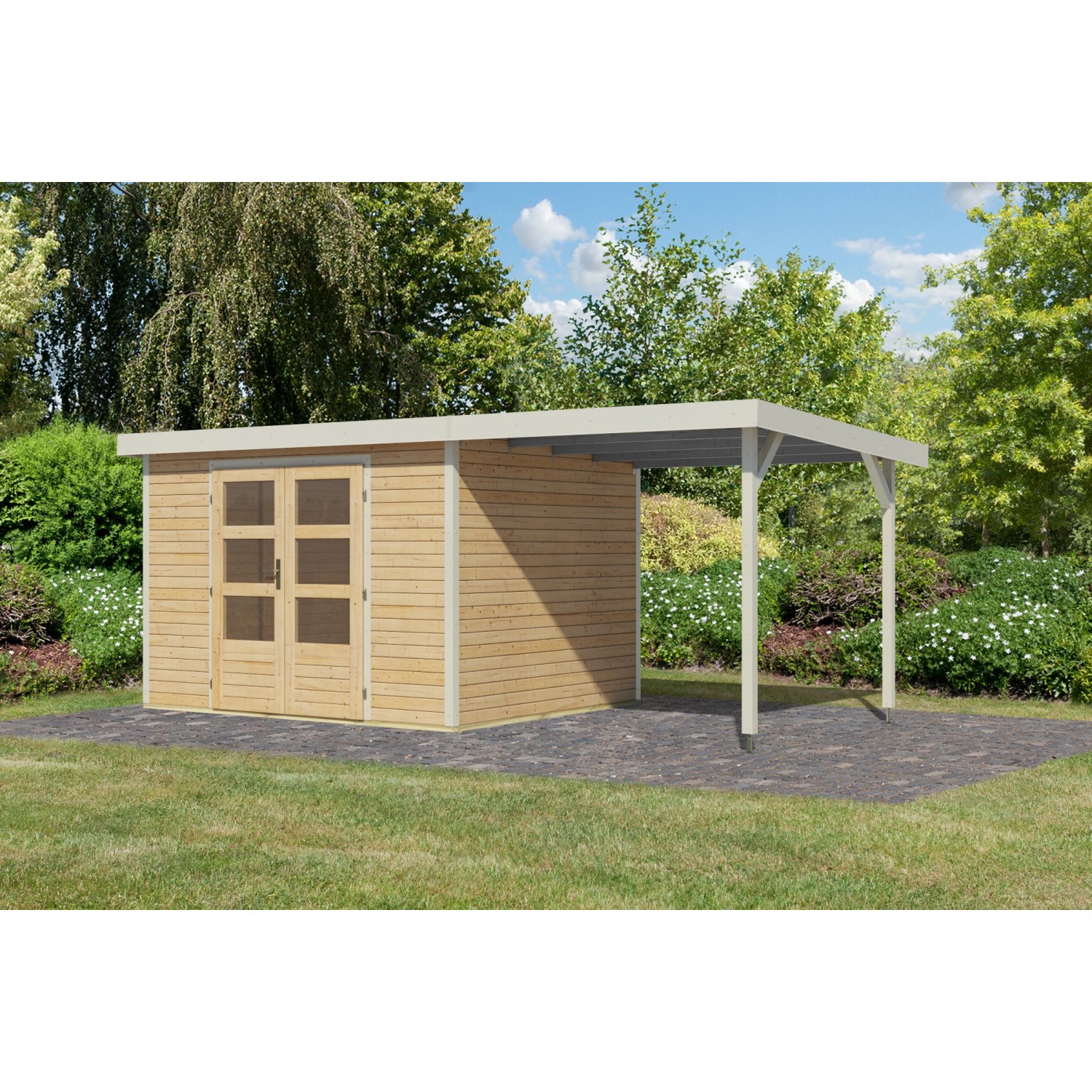 Karibu Gartenhaus Ernesto 5 A m. Anbaudach Naturbelassen/Weiß 209 x 298 x 2 günstig online kaufen