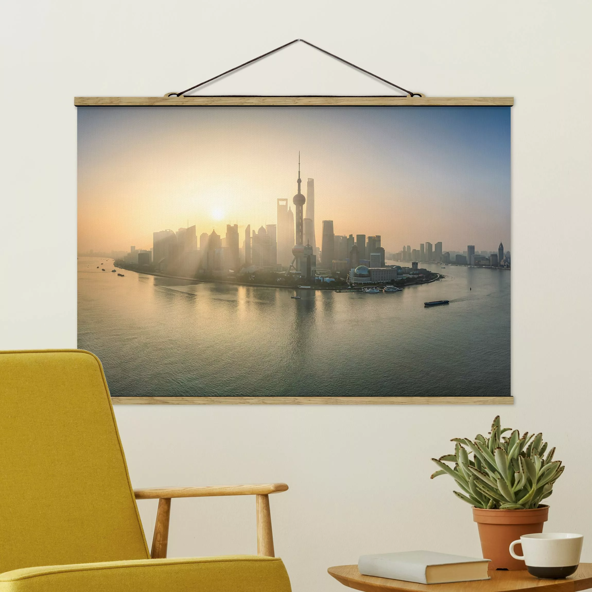 Stoffbild mit Posterleisten Pudong bei Sonnenaufgang günstig online kaufen