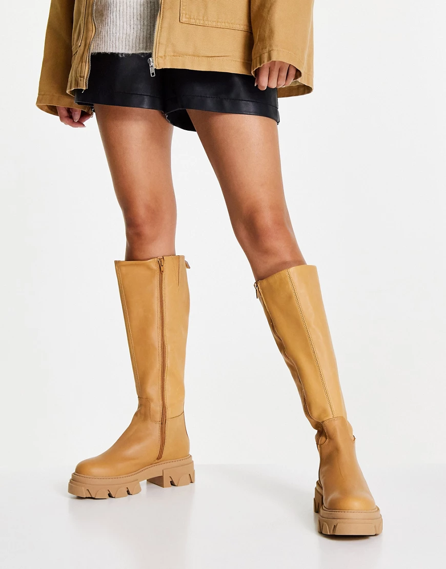 Steve Madden – Mana – Kniehohe Lederstiefel in Camel-Neutral günstig online kaufen