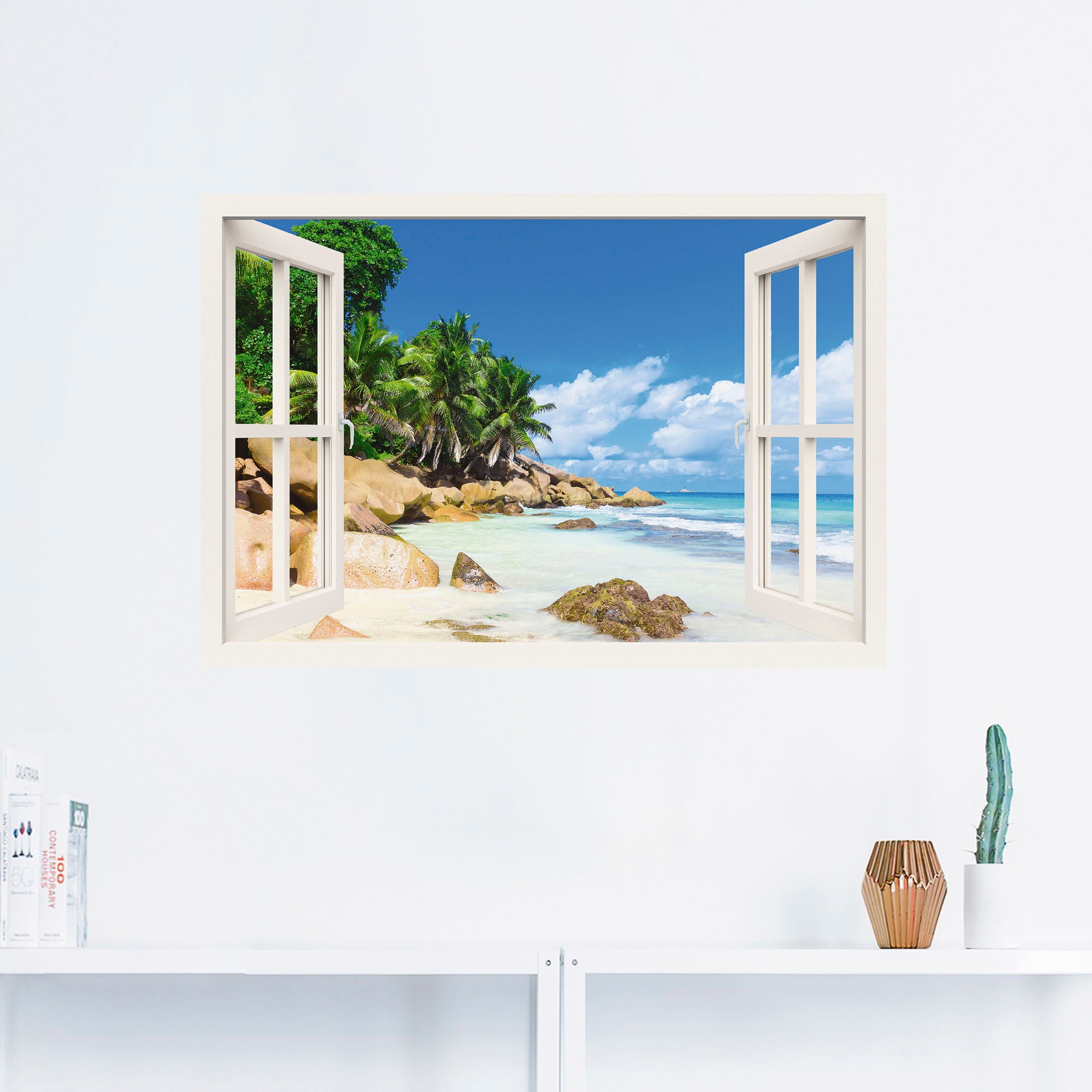 Artland Wandbild "Küste mit Palmen durchs Fenster", Karibikbilder, (1 St.), günstig online kaufen