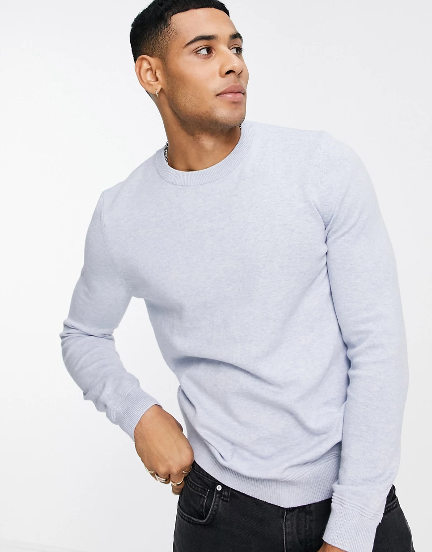 Topman – Langärmliger Strickpullover in Hellblau mit Rundhalsausschnitt günstig online kaufen