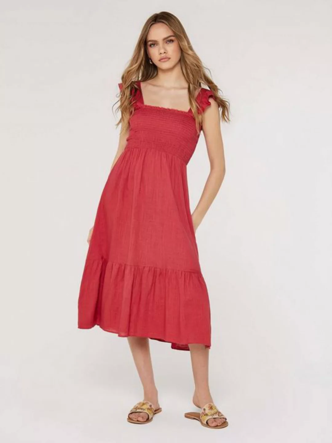 Apricot Sommerkleid in unifarben, Rüschen günstig online kaufen