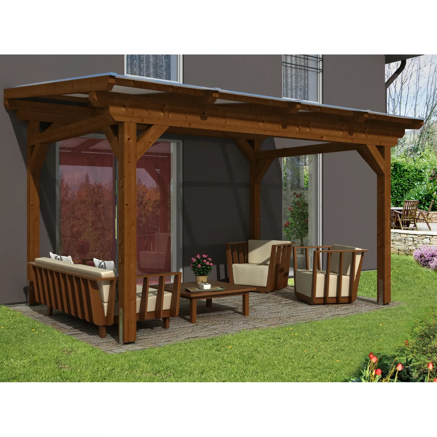 Skan Holz Terrassenüberdachung Sanremo 434 x 300 cm Leimholz Nussbaum günstig online kaufen