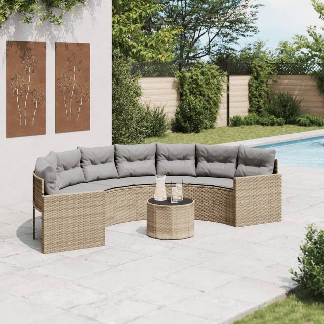 vidaXL Loungesofa Gartensofa mit Tisch und Kissen Halbrund Beige Poly-Ratta günstig online kaufen