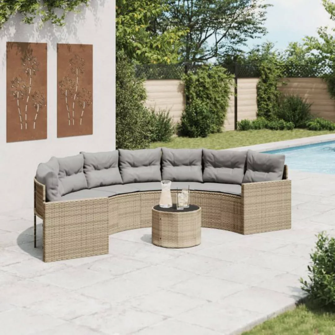 vidaXL Sofa Gartensofa mit Tisch und Kissen Halbrund Beige Poly-Rattan günstig online kaufen