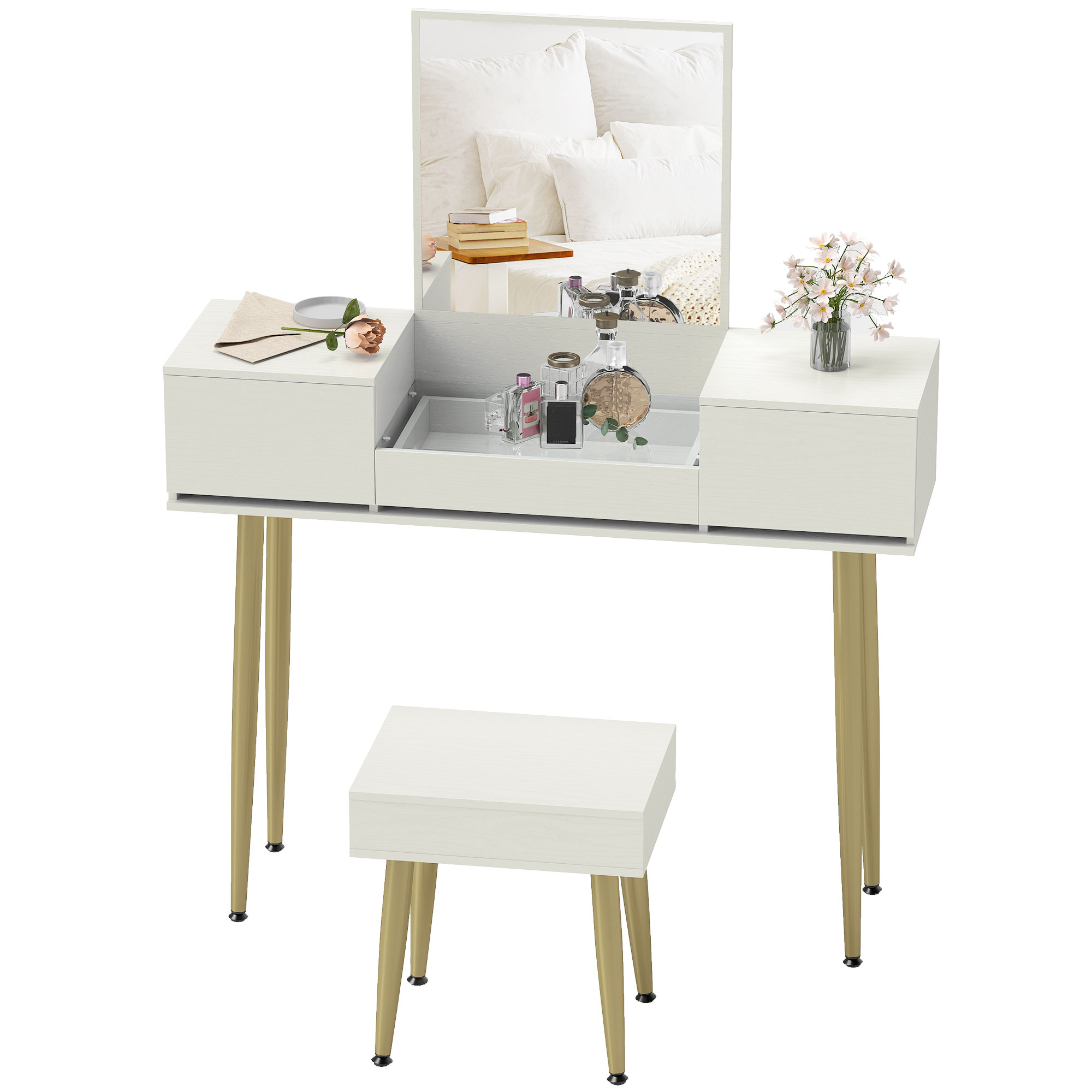 HOMCOM Schminktisch mit Spiegel und Hocker, Make-up-Tisch mit 3 Schubladen günstig online kaufen