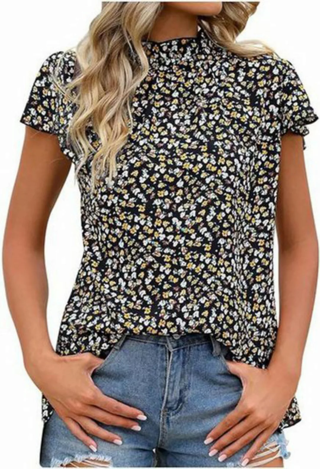 KIKI Blusenshirt Kurzarmbluse T-Shirt -Damen Sommer Blumendruck Oberteile-K günstig online kaufen