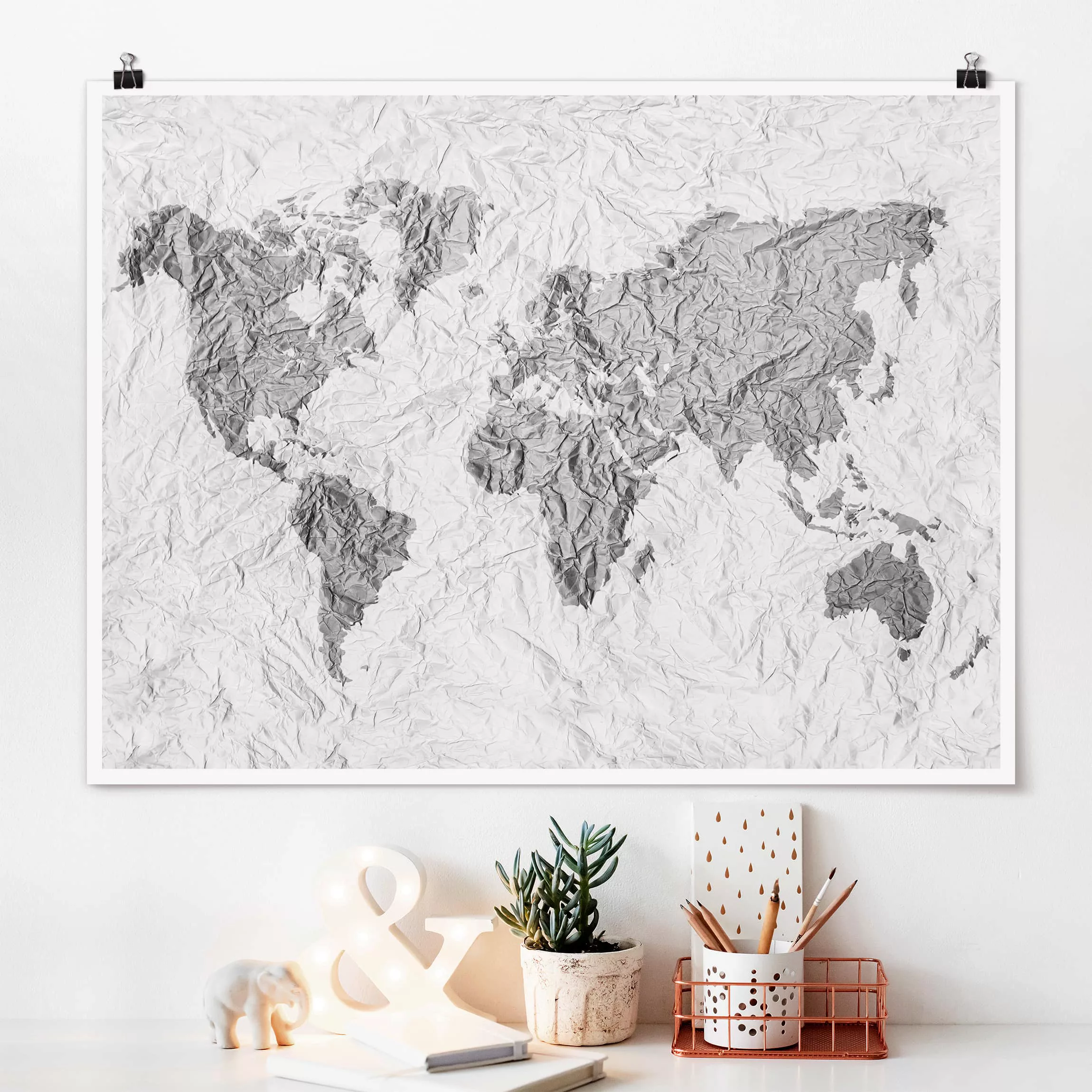Poster Stadt-, Land- & Weltkarten - Querformat Papier Weltkarte Weiß Grau günstig online kaufen