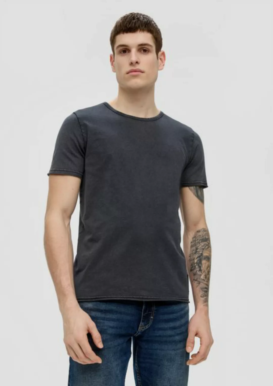 QS Kurzarmshirt T-Shirt im Garment Dye Logo, Garment Dye günstig online kaufen