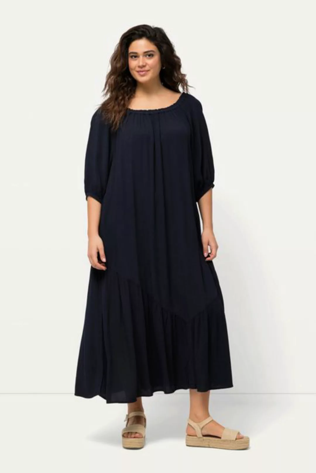 Ulla Popken Sommerkleid Midikleid Struktur Volantsaum Rundhals Halbarm günstig online kaufen