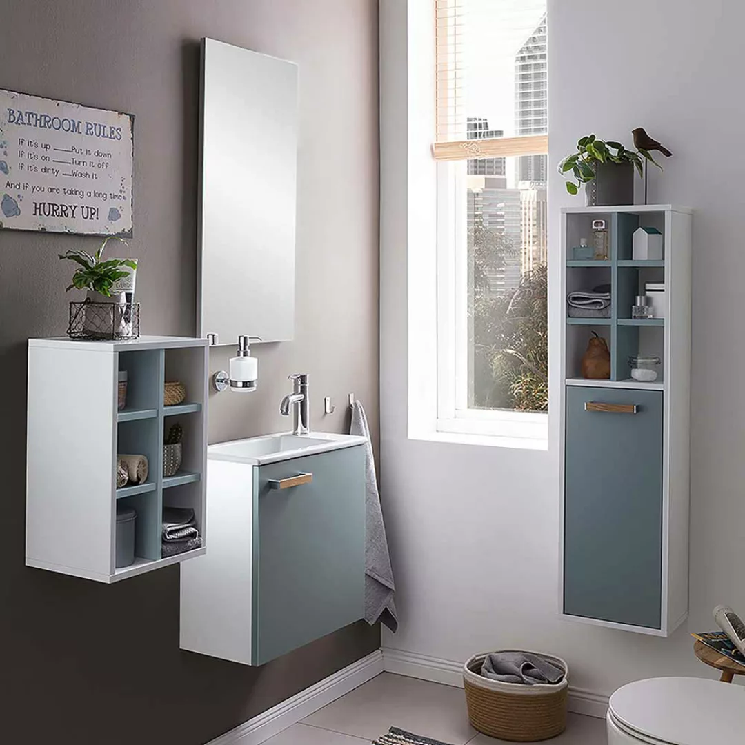 Skandi Stil Badmöbel Set in Hellblau und Weiß mit Spiegel (vierteilig) günstig online kaufen