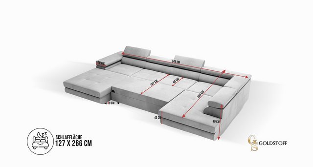 Goldstoff Wohnlandschaft VENUS U-Form Ecksofa mit Schlaffunktion und Bettka günstig online kaufen