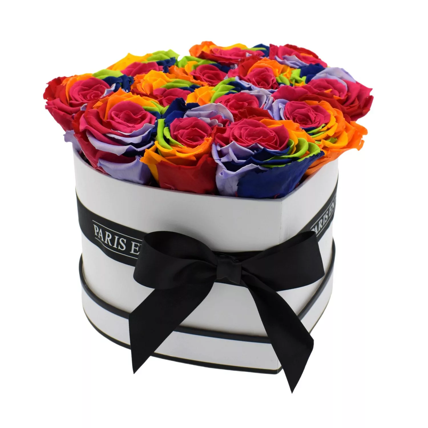 Rosenbox Herz Weiß-Schwarz mit 13 Rainbow Rosen günstig online kaufen