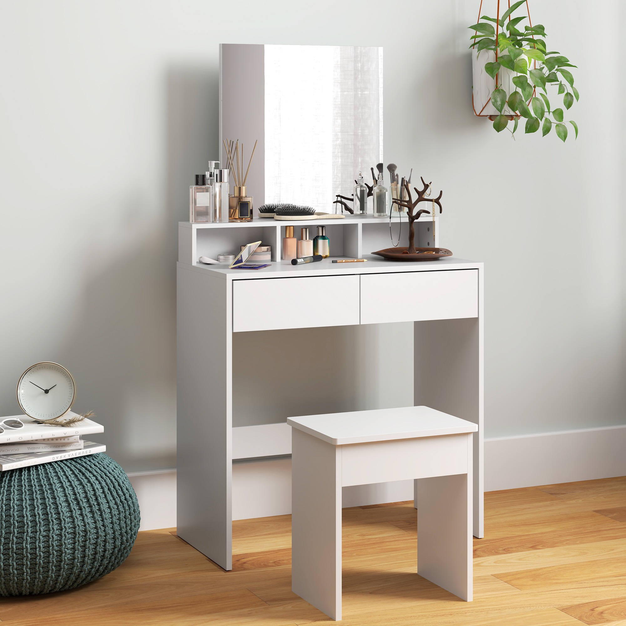 HOMCOM Schminktisch mit Hocker und Spiegel, 3 Regale, 2 Schubladen, Moderne günstig online kaufen